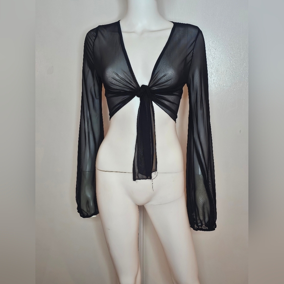 Windsor Tops - Windsor Black Sheer Tie-Front Long Sleeve Crop Blouse Size S/M